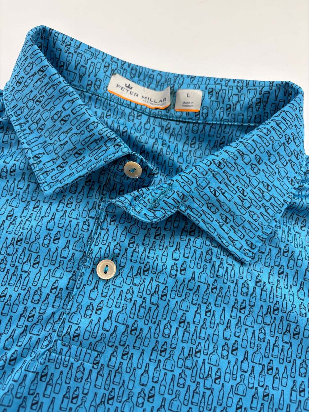 Peter Millar Featherweight Mens L Polo Blue Liquor Bottle Print Golf Shirt